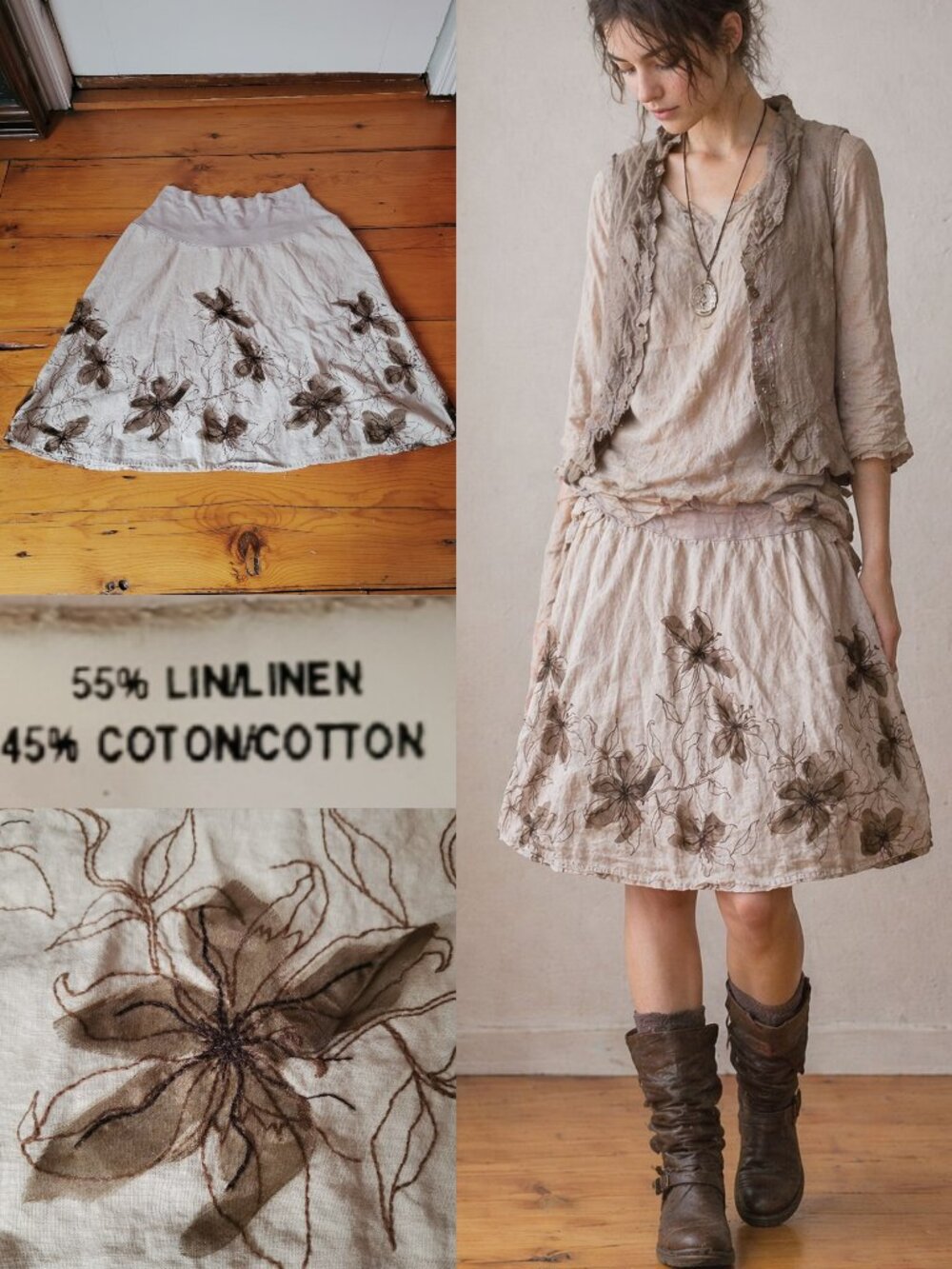 Beige Linen Blend Skirt XL Boho A-Line Elastic Waist Made in Canada Lagenlook